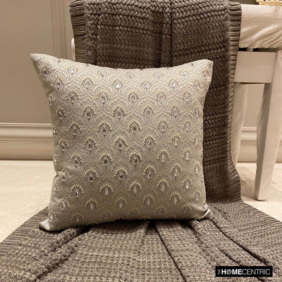 Jeweled Lucia - Silver & Grey Jacquard Throw Pillow Cover