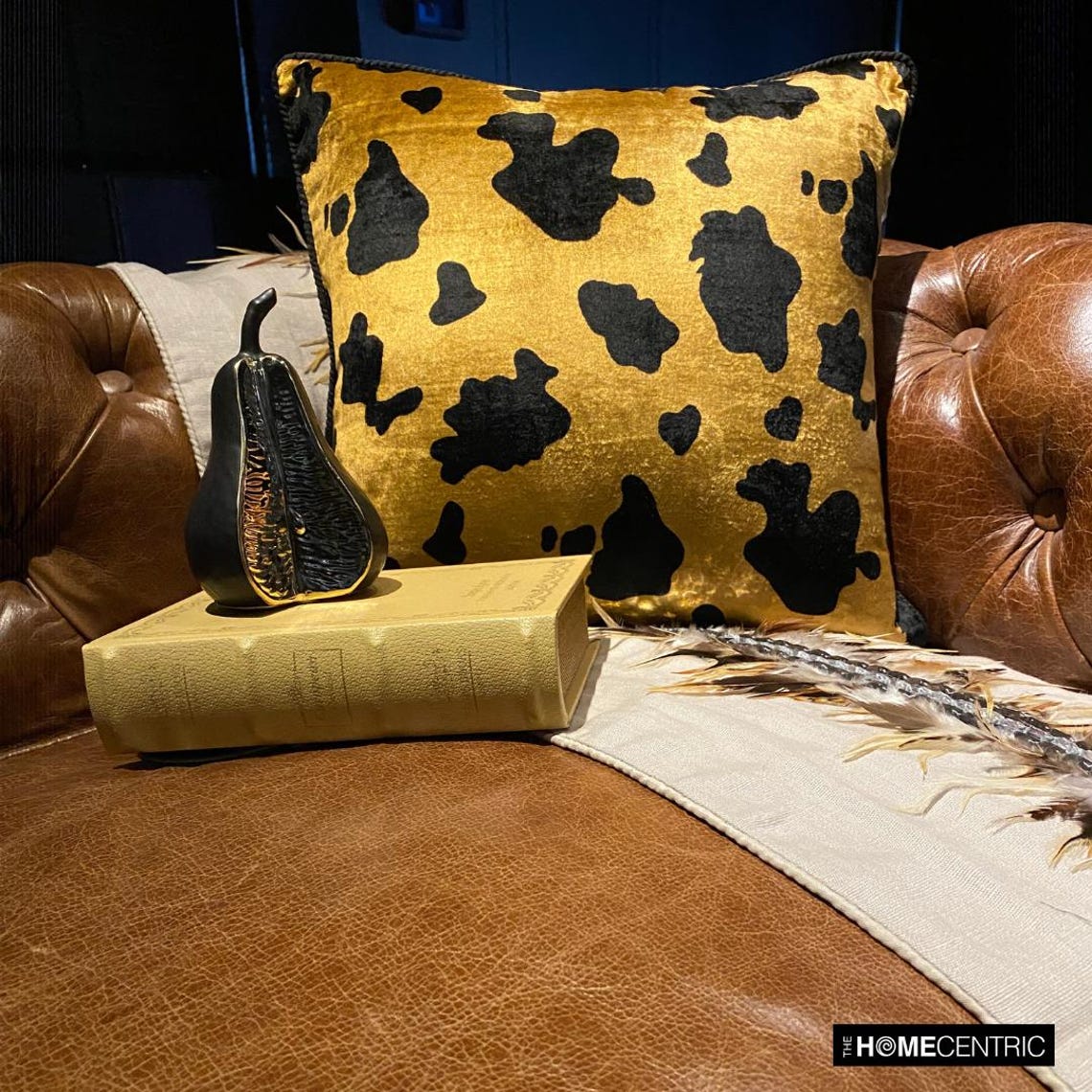Hello Cow - Gold Velvet Throw Pillow Cover