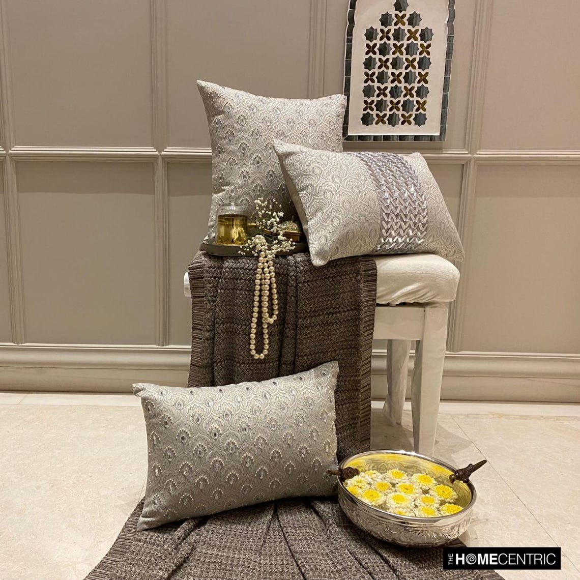 Jeweled Lucia - Silver & Grey Jacquard Throw Pillow Cover