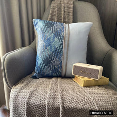 Sky Half Tone - Blue Linen & Faux Leather Throw Pillow Cover