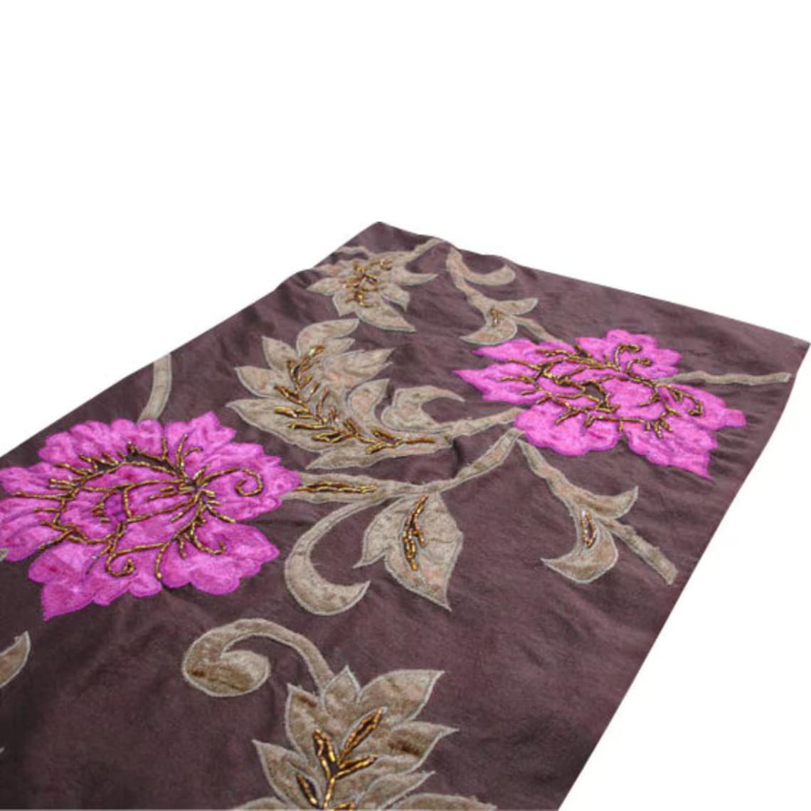 Blossoms Applique - Silk Dupioni Dark Brown, Olive Green, Fuchsia Pink Decorative Table Runners