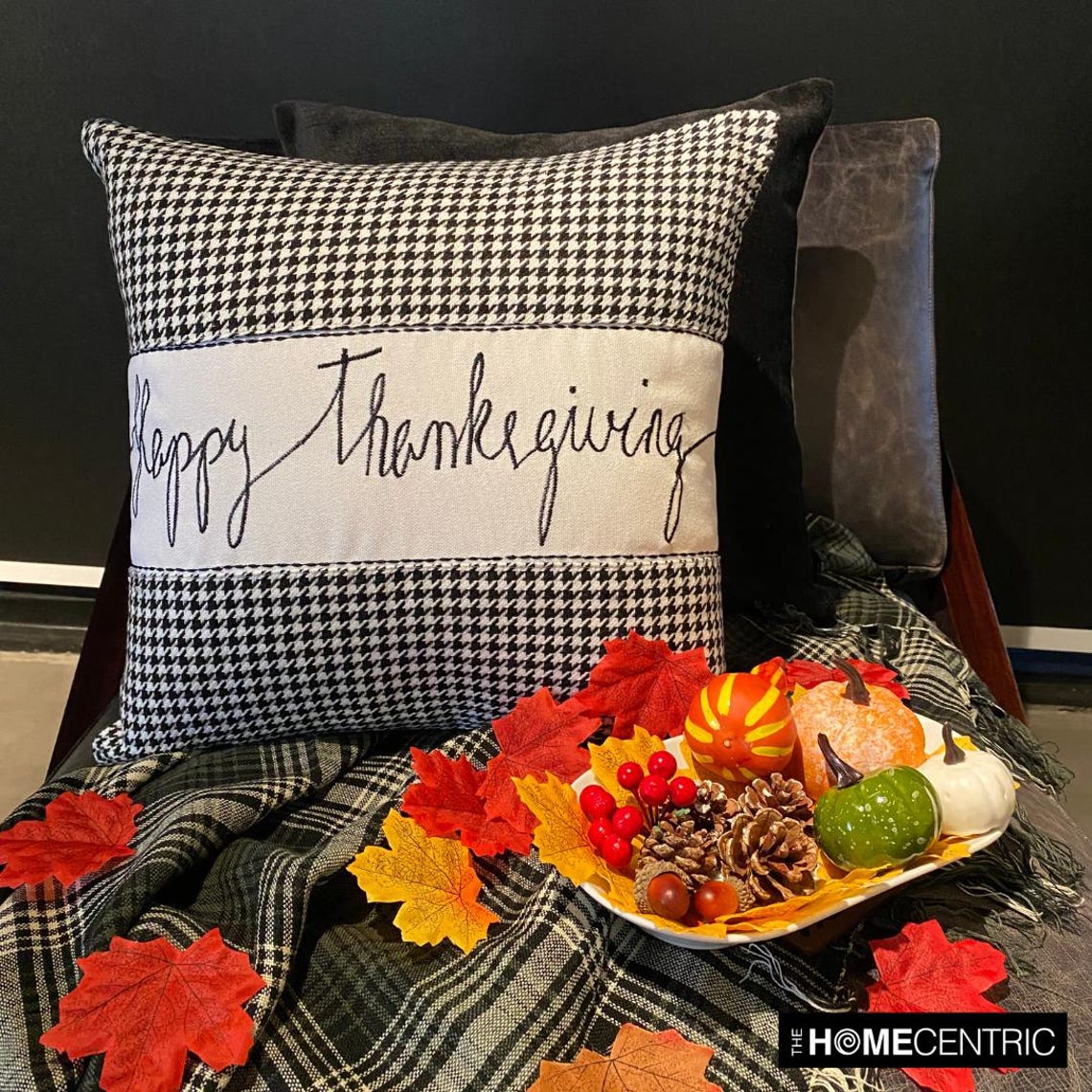 Thanksgiving - Black Jacquard Happy Thanksgiving Throw Pillow Cover