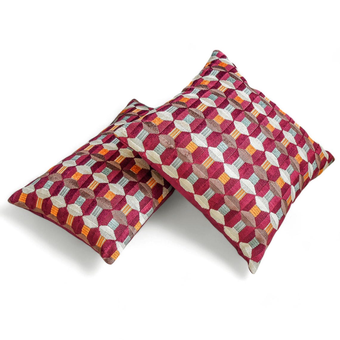 Burgundy Shapes - Burgubdy Velvet Decorative Throw Pillow Cover