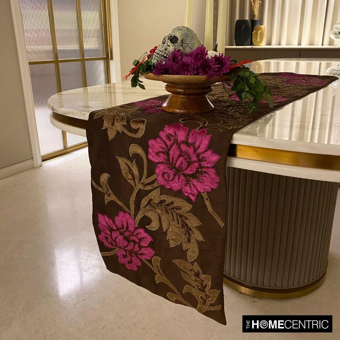 Silk Dupioni Dark Brown, Olive Green, Fuchsia Pink Decorative Table Runner - Blossoms Applique