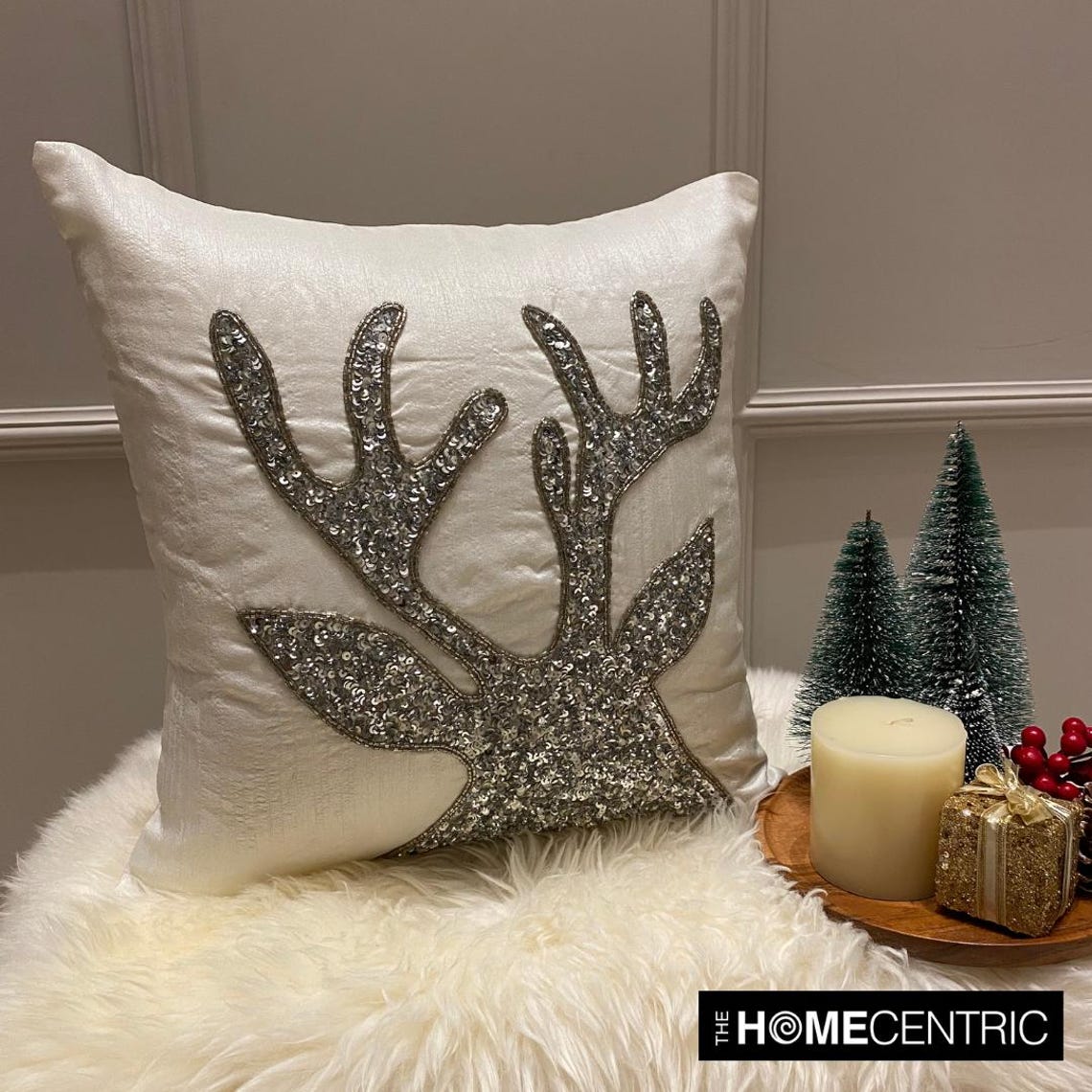 White & Silver Silk  Decorative Throw Pillow Cover - Sequined Antlers
