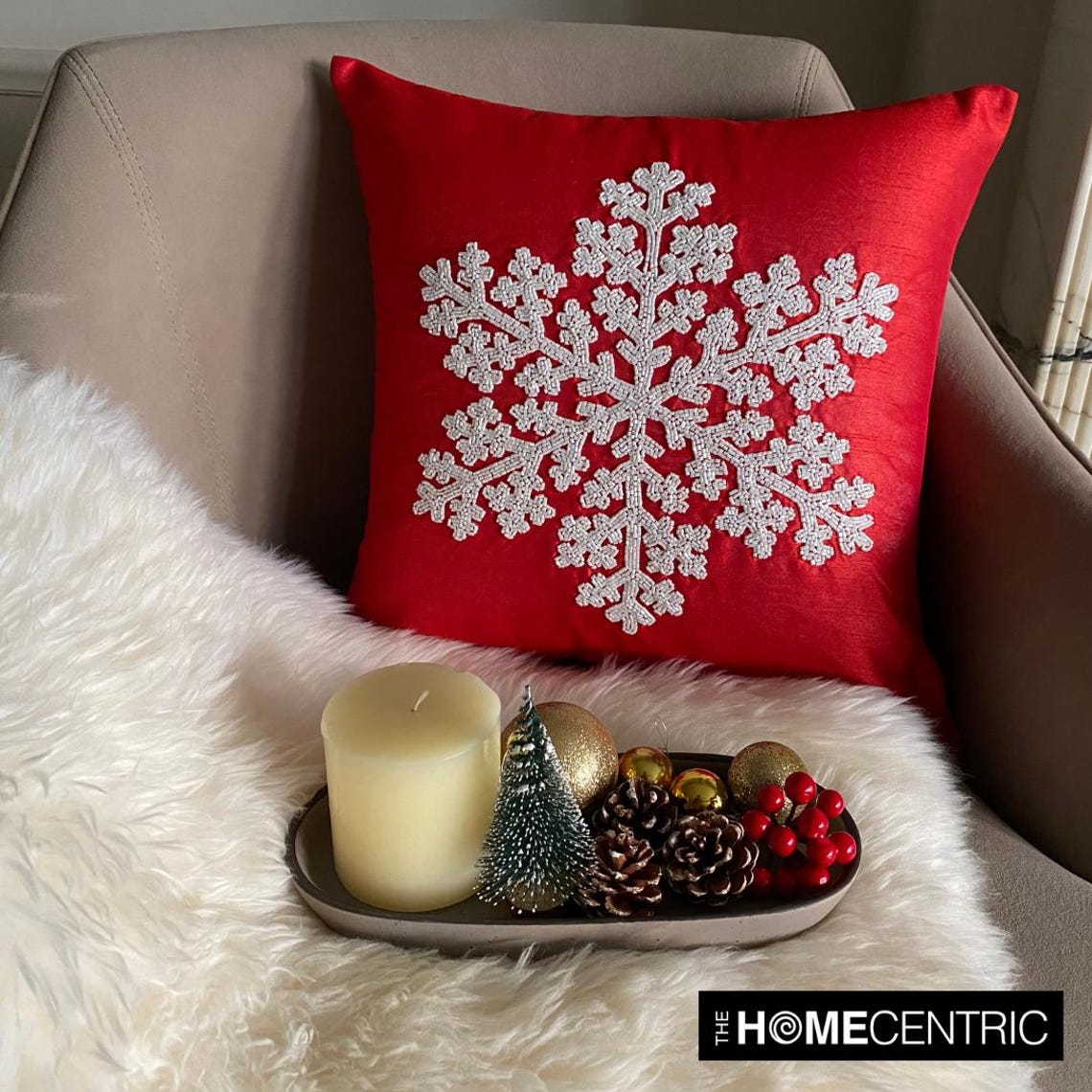 Red Silk Decorative  Throw Pillow Cover - Snowlit Flake