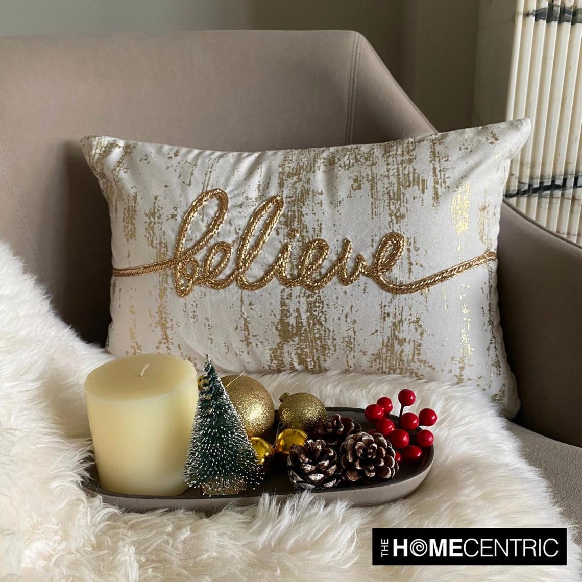 Believe - Gold Velvet Decorative Lumbar Pillow Cover