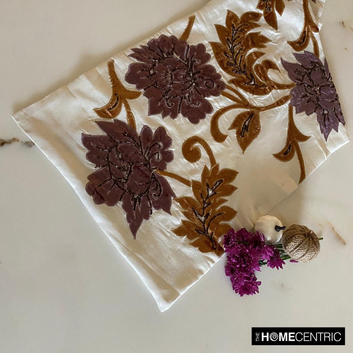 Silk Dupioni Ivory, Gold, Purple Decorative Table Runners - Brown Floral
