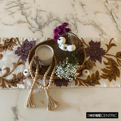 Silk Dupioni Ivory, Gold, Purple Decorative Table Runners - Brown Floral