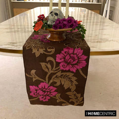 Silk Dupioni Dark Brown, Olive Green, Fuchsia Pink Decorative Table Runner - Blossoms Applique