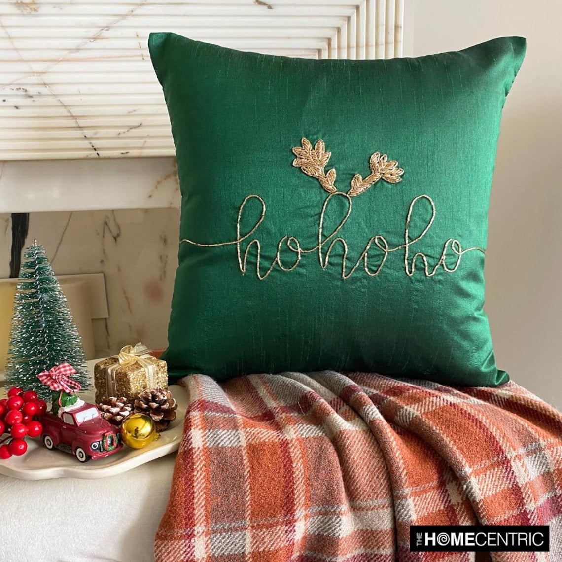 Green Silk Decorative Throw Pillow Cover - Ho Ho Cheer