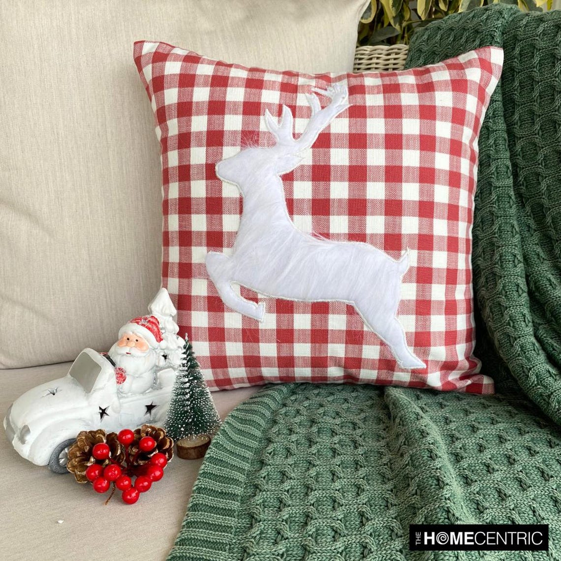 Red Cotton Decorative  Throw Pillow Cover - Furry Antlers