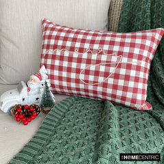 Red Cotton Christmas Checkered, Merry Lumbar Pillow Cover - Holiday Merry