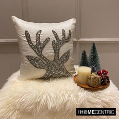 White & Silver Silk  Decorative Throw Pillow Cover - Sequined Antlers