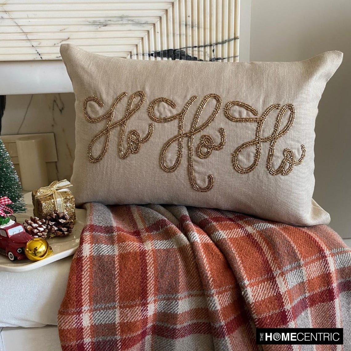 Gold Linen Christmas Embroidered Lumbar Pillow Cover - Ho Ho Ho