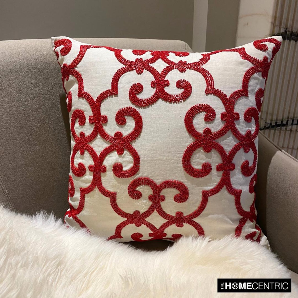 Red Encrusted - Red Cotton Linen Decorative Euro Sham