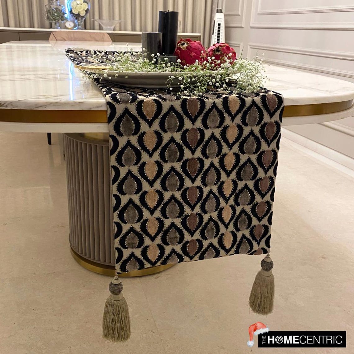 Peacock Art Deco - Velvet Black, Brown Decorative Table Runners