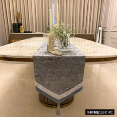 Hexagonal Foil - Blue Jacquard Silk Decorative Table Runner