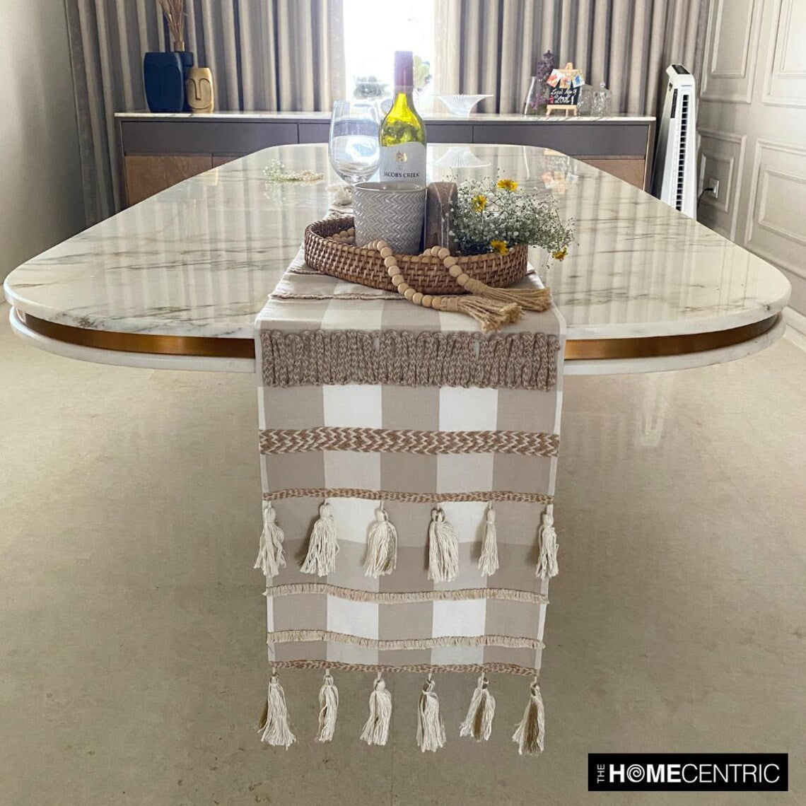 Top view of buffalo check decor table runner in beige with textured woven cotton fabric