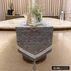 Hexagonal Foil - Blue Jacquard Silk Decorative Table Runner