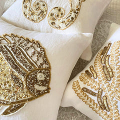 Ivory & Gold Linen Throw Pillow Cover - Sea Horse Kiss