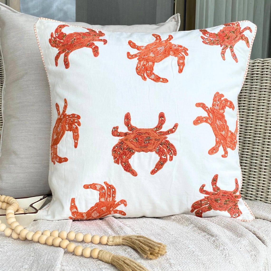 Coral Cotton Throw Pillow Cover - Crab Claw