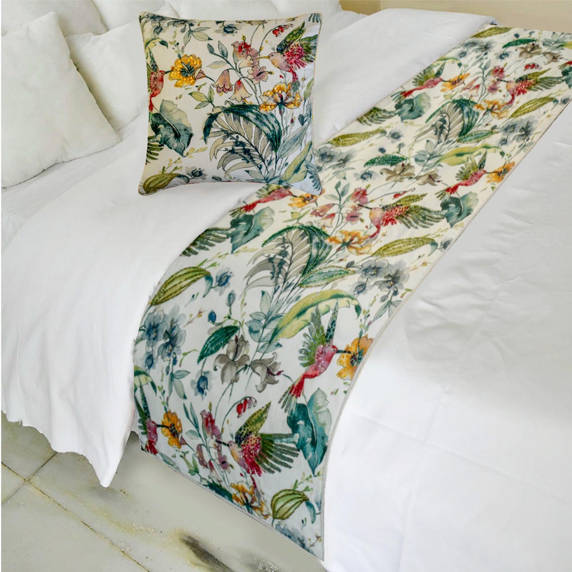 Exotic Birds Decorative Bed Runner and Pillow Cover