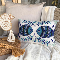 Fish Tales - Silk Blue Decorative Lumbar Pillow Cover