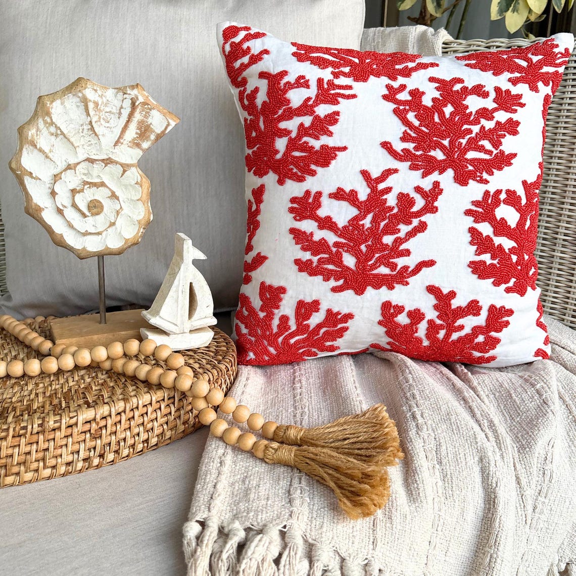 Red Cotton Linen Throw Pillow Cover - Red Corals