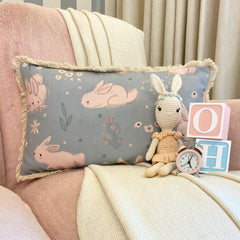 Bunny Hops - Powder Blue Cotton Lumbar Pillow Cover