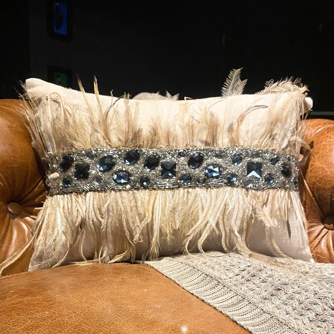 Rhinestone Feathers - Beige Linen Lumbar Pillow Cover