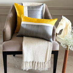 Splendour Yellow - Yellow & Grey Silk Throw Pillow Cover