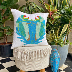 Blue Cotton Linen Throw Pillow Cover - Crab Craze