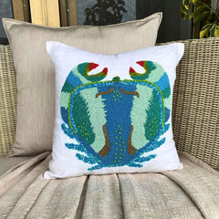 Blue Cotton Linen Throw Pillow Cover - Crab Craze
