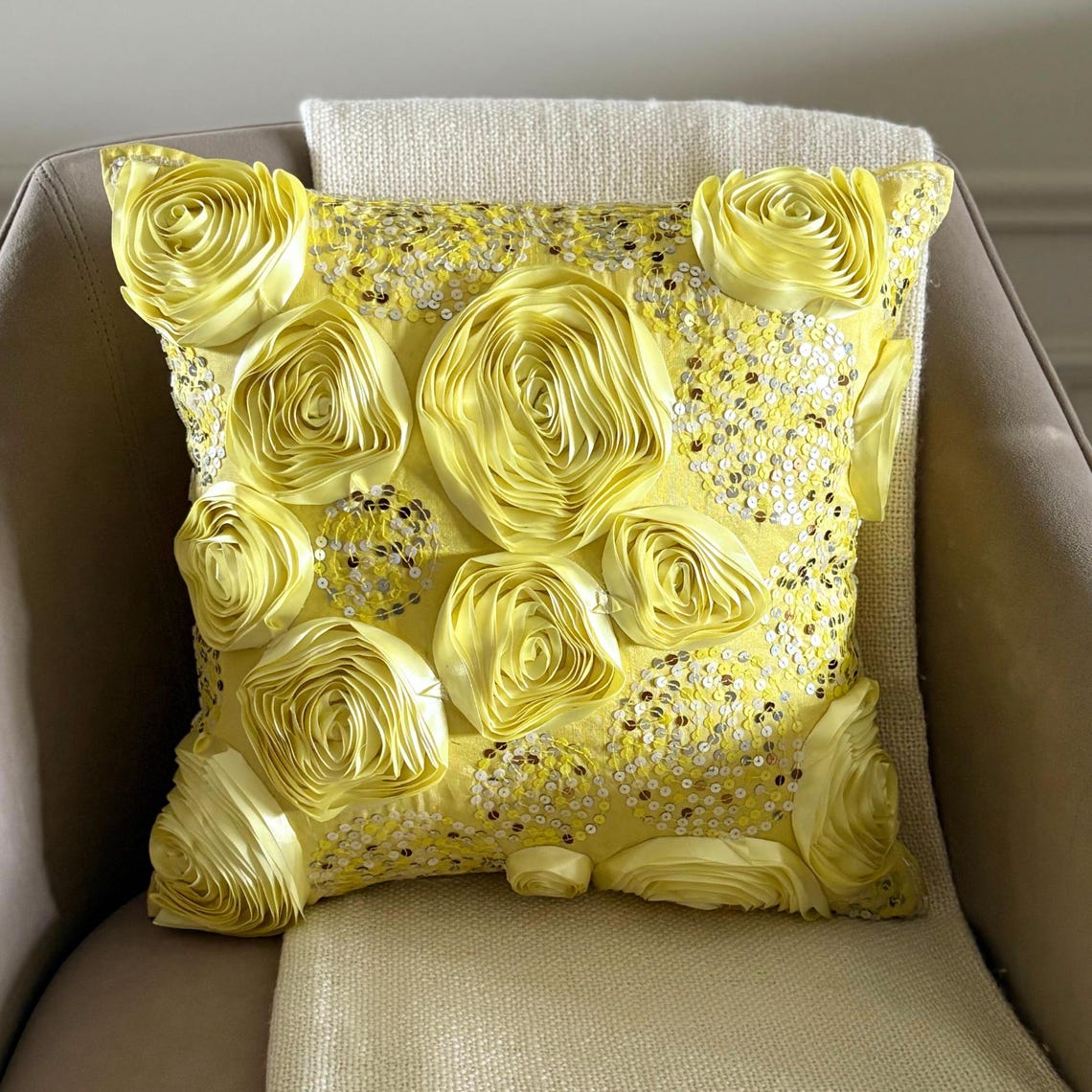 Creamy Yellow Roses - Yellow Art Silk Decorative Euro Sham