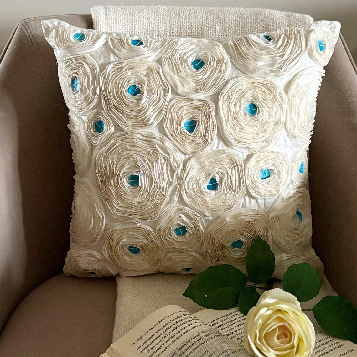 Ivory Roses - Ivory Art Silk Throw Pillow Cover
