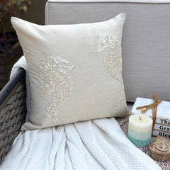 Sea Horse Pearls - Natural Beige Cotton Linen Throw Pillow Cover