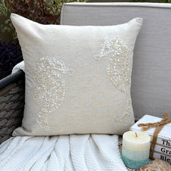 Sea Horse Pearls - Natural Beige Cotton Linen Throw Pillow Cover