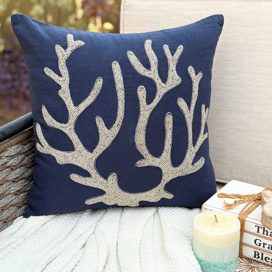 Sea Weed At The Shore - Navy Blue Cotton Linen Throw Pillow Cover