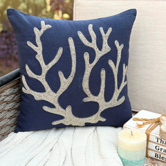 Sea Weed At The Shore - Navy Blue Cotton Linen Throw Pillow Cover