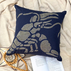 Lobster At The Shore - Navy Blue Cotton Linen Throw Pillow Cover