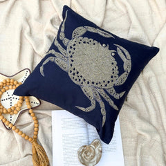 Crab At The Shore - Navy Blue Cotton Linen Decorative Euro Sham