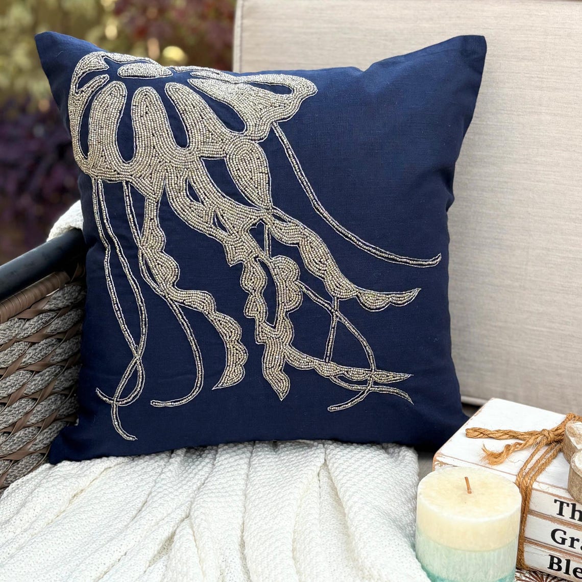 Jelly Fish At The Shore - Navy Blue Cotton Linen Throw Pillow Cover