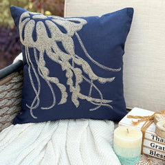 Jelly Fish At The Shore - Navy Blue Cotton Linen Throw Pillow Cover