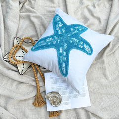 Starfish Island - White Linen Throw Pillow Cover