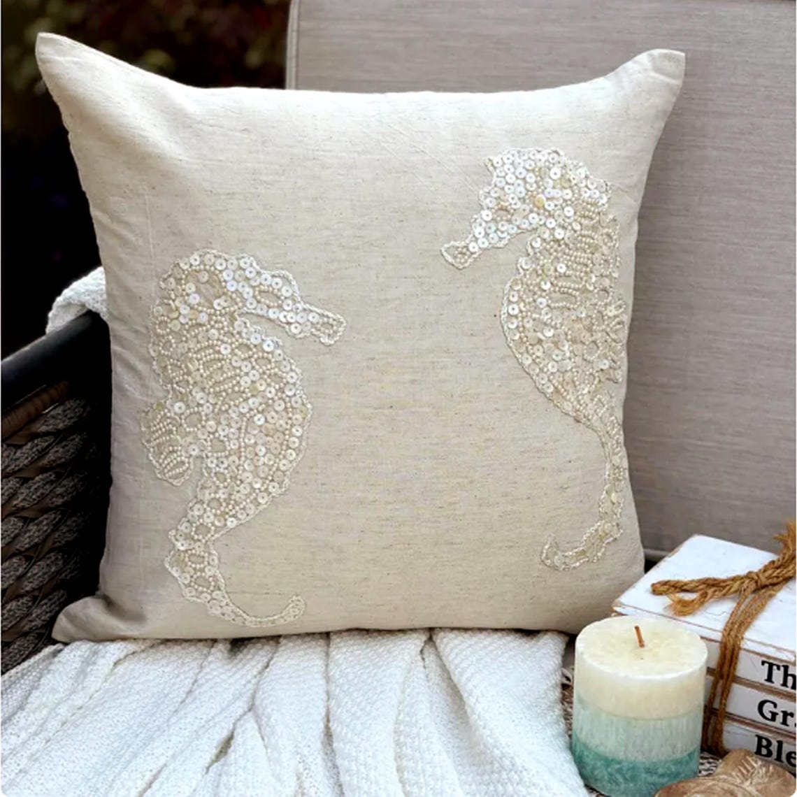 Sea Horse Pearls - Natural Beige Cotton Linen Throw Pillow Cover
