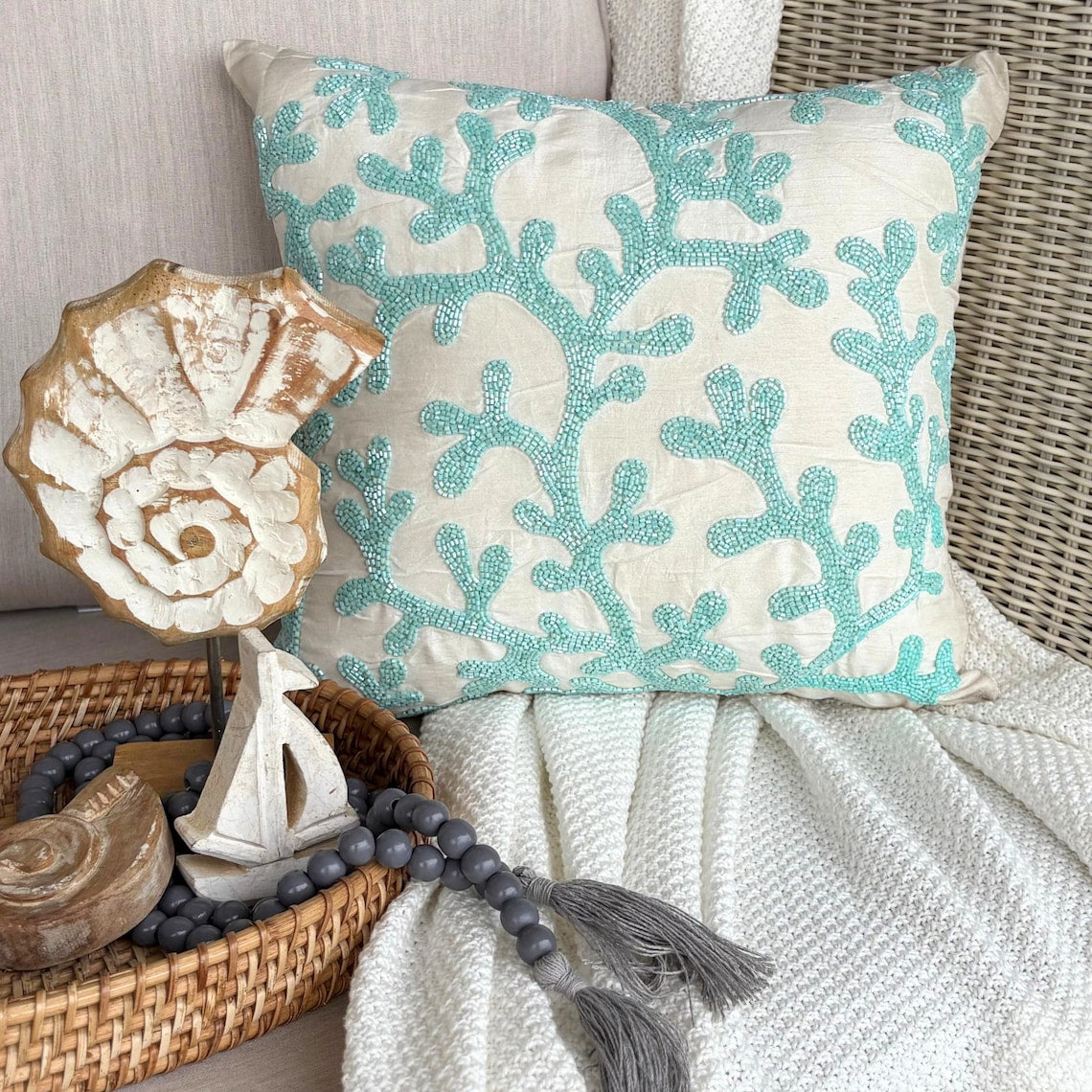 Sea Weeds - Aqua Blue & White Art Silk Decorative Euro Sham