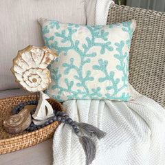 Sea Weeds - Aqua Blue & White Art Silk Decorative Euro Sham