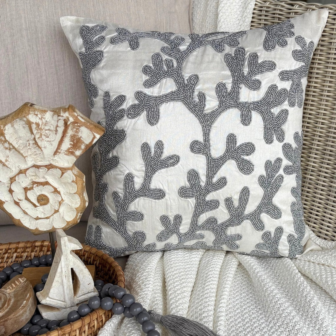 Silver & White Art Silk Throw Pillow Cover - Silver Coral
