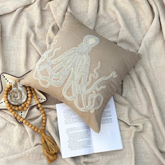 Sea Squid - Mocha Cotton Linen Throw Pillow Cover
